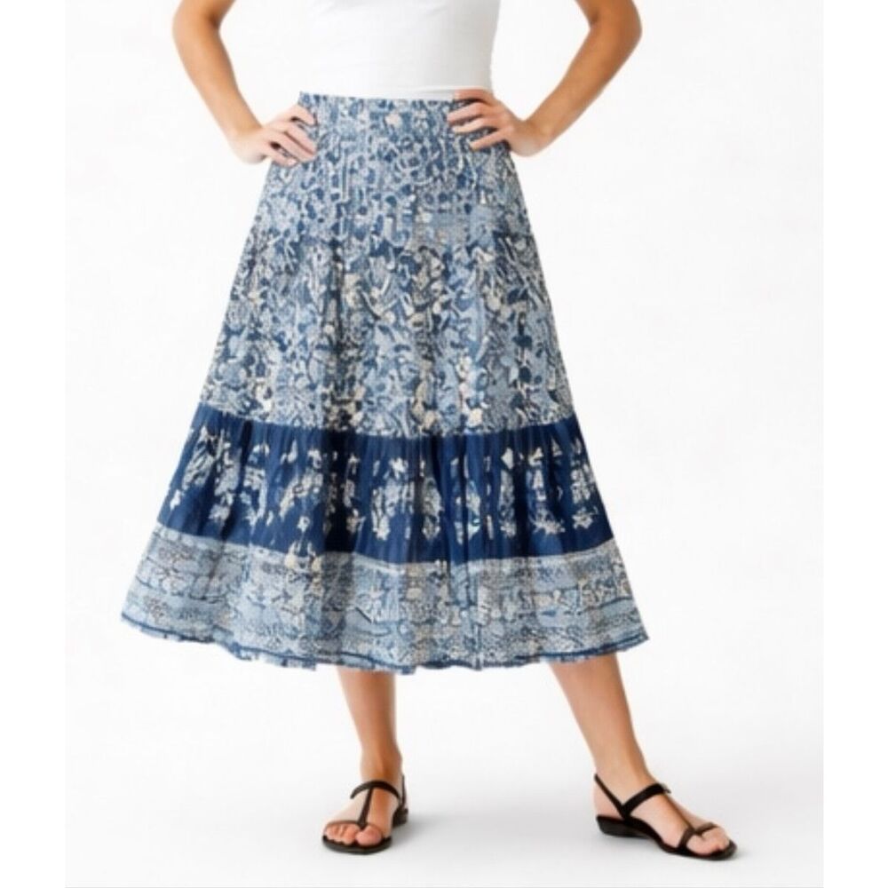Chaps denim 100% cotton tiered bohemian printed skirt size 10